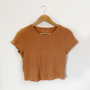 American Eagle AE Orange Waffle Cropped Short Sleeve Top Medium